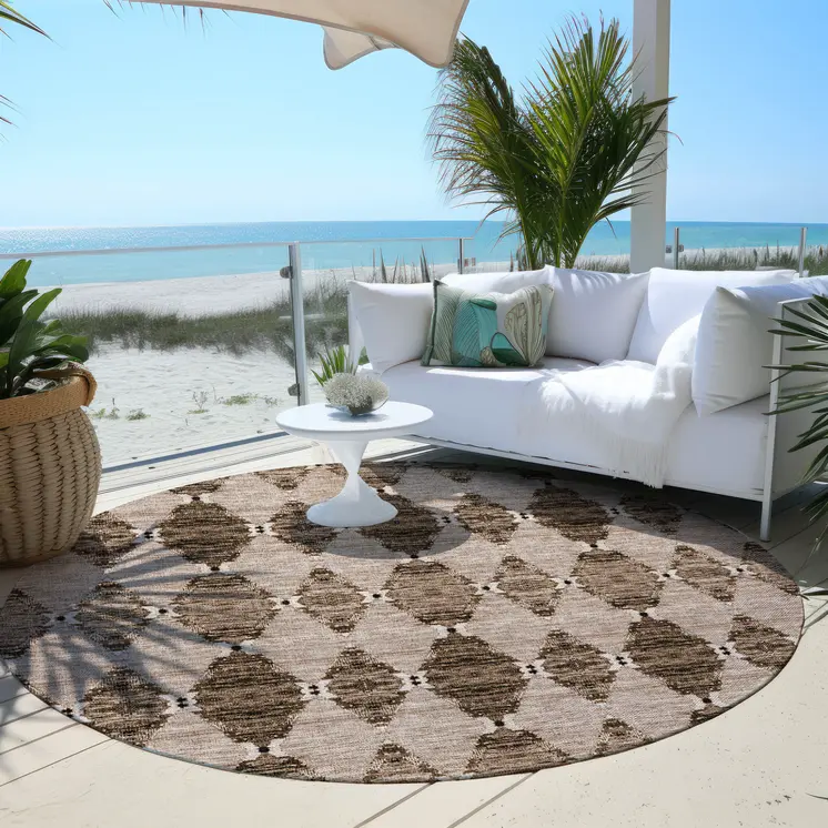 8' Brown And Chocolate Round Moroccan Washable Indoor Outdoor Area Rug