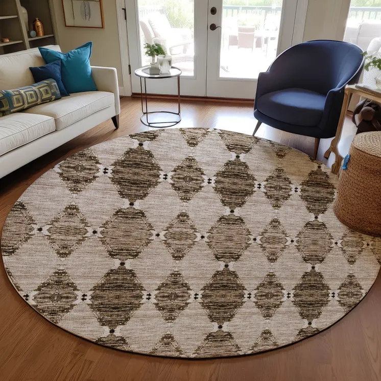 8' Brown And Chocolate Round Moroccan Washable Indoor Outdoor Area Rug