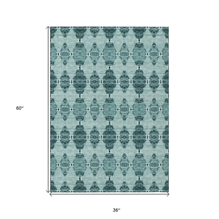 3' X 5' Teal Blue Aqua And Charcoal Moroccan Washable Indoor Outdoor Area Rug