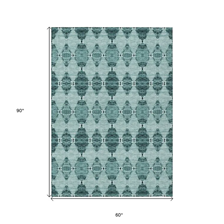 5' X 8' Teal Blue Aqua And Charcoal Moroccan Washable Indoor Outdoor Area Rug