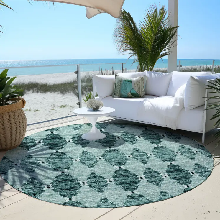 8' Teal Blue Aqua And Charcoal Round Moroccan Washable Indoor Outdoor Area Rug