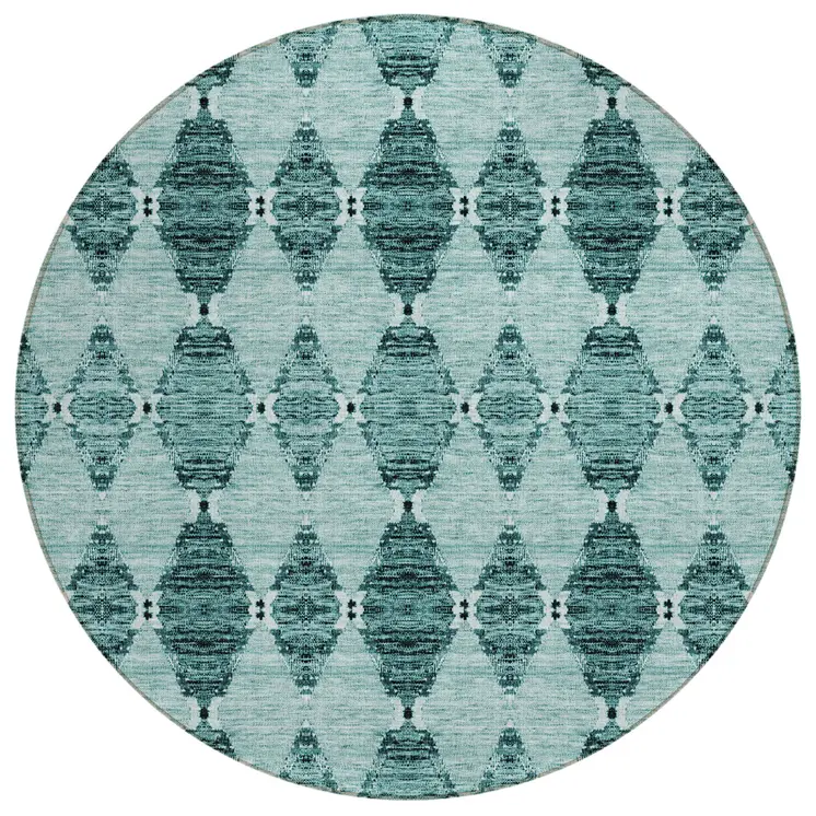 8' Teal Blue Aqua And Charcoal Round Moroccan Washable Indoor Outdoor Area Rug