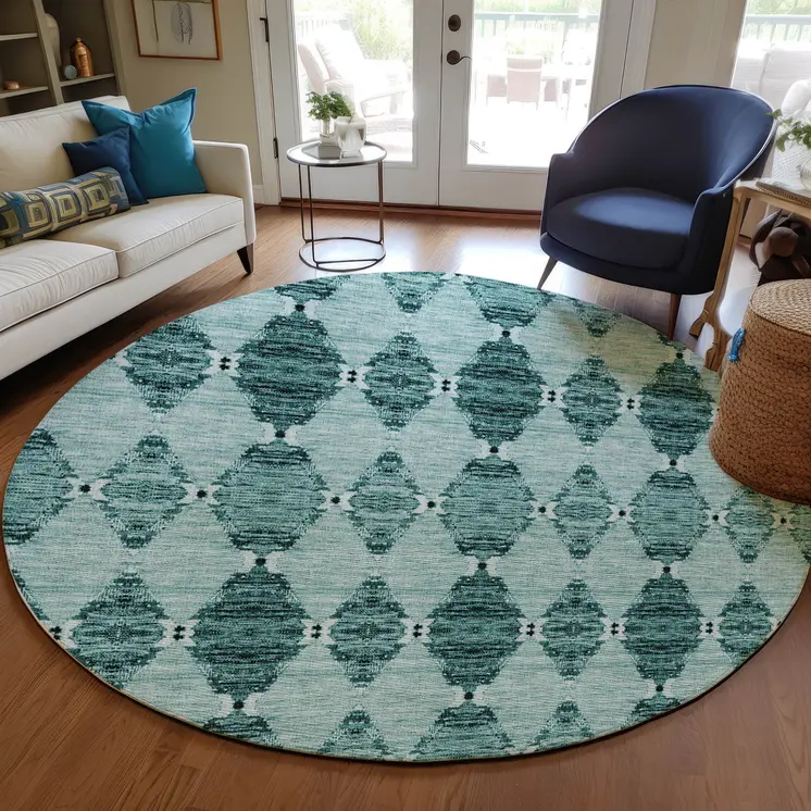8' Teal Blue Aqua And Charcoal Round Moroccan Washable Indoor Outdoor Area Rug