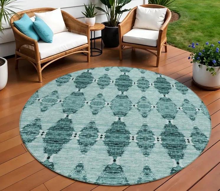 8' Teal Blue Aqua And Charcoal Round Moroccan Washable Indoor Outdoor Area Rug