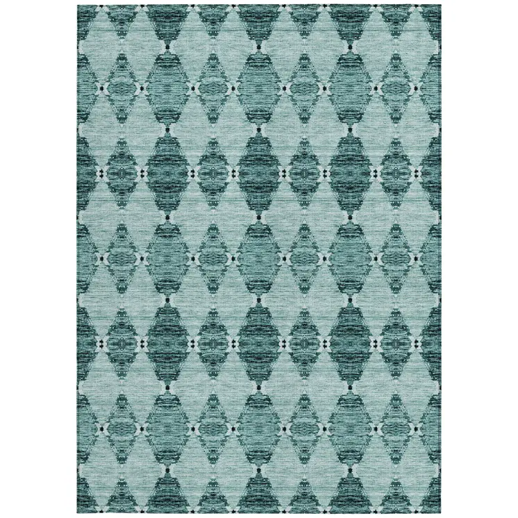 8' X 10' Teal Blue Aqua And Charcoal Moroccan Washable Indoor Outdoor Area Rug