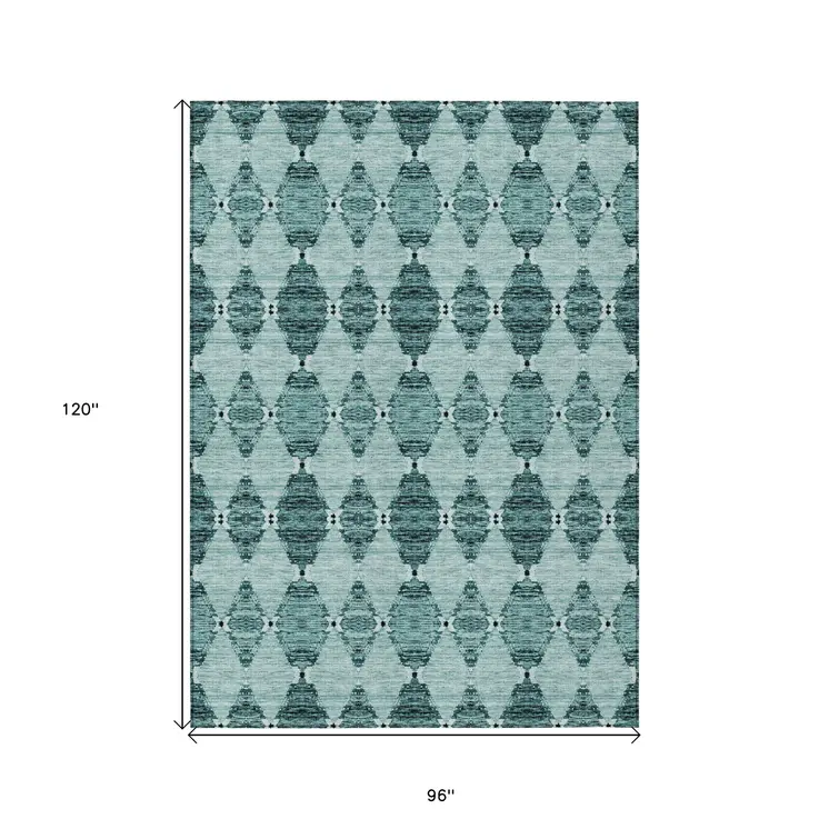 8' X 10' Teal Blue Aqua And Charcoal Moroccan Washable Indoor Outdoor Area Rug