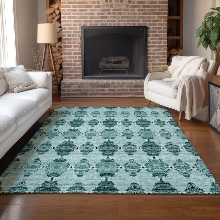 8' X 10' Teal Blue Aqua And Charcoal Moroccan Washable Indoor Outdoor Area Rug