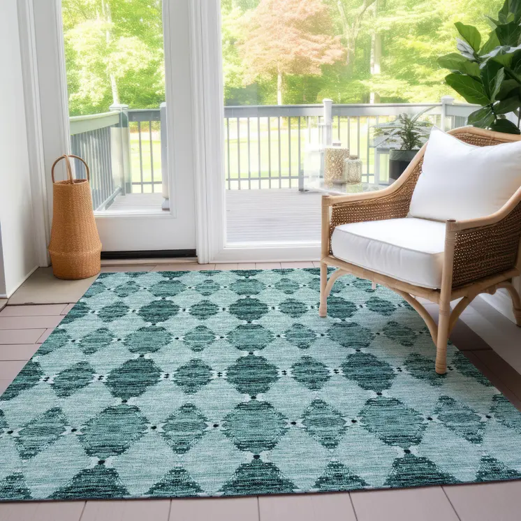 8' X 10' Teal Blue Aqua And Charcoal Moroccan Washable Indoor Outdoor Area Rug