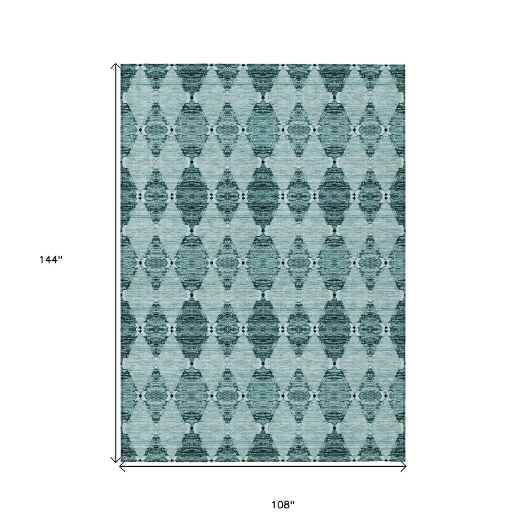 9' X 12' Teal Blue Aqua And Charcoal Moroccan Washable Indoor Outdoor Area Rug