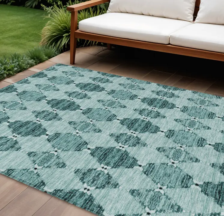 10' X 14' Teal Blue Aqua And Charcoal Moroccan Washable Indoor Outdoor Area Rug