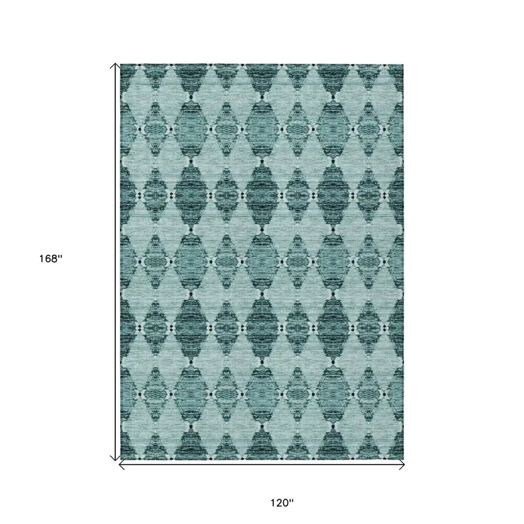 10' X 14' Teal Blue Aqua And Charcoal Moroccan Washable Indoor Outdoor Area Rug