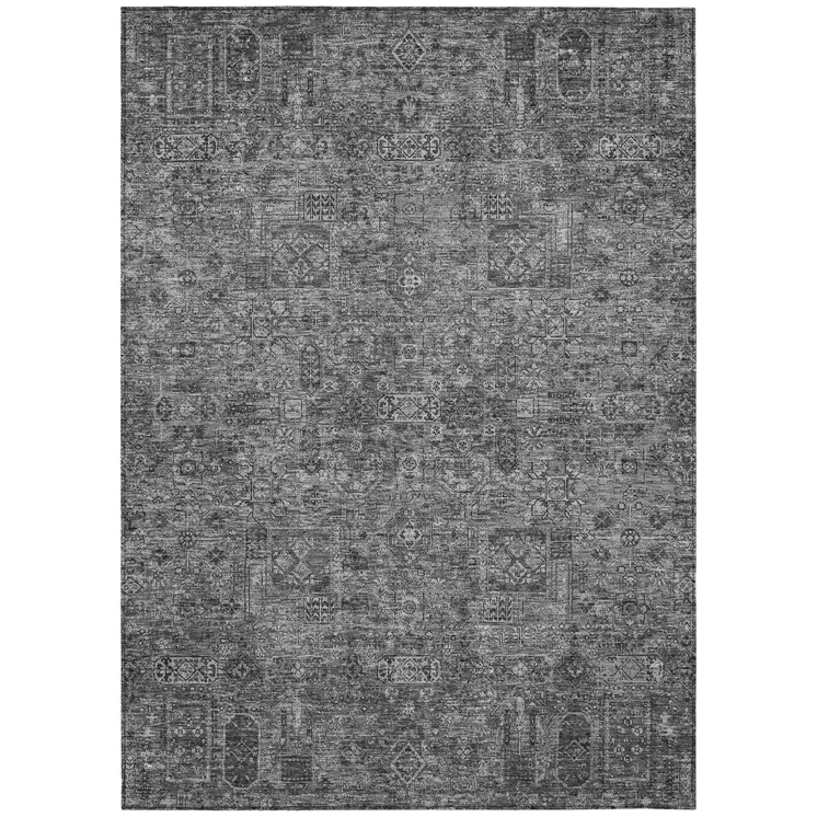 5' X 8' Charcoal And Silver Floral Washable Indoor Outdoor Area Rug