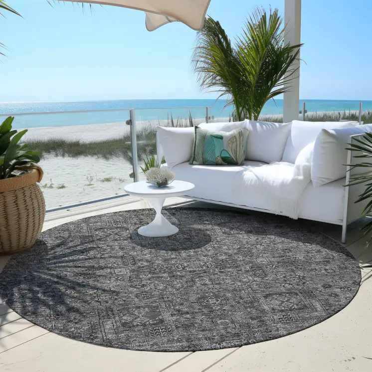 8' Charcoal And Silver Round Floral Washable Indoor Outdoor Area Rug