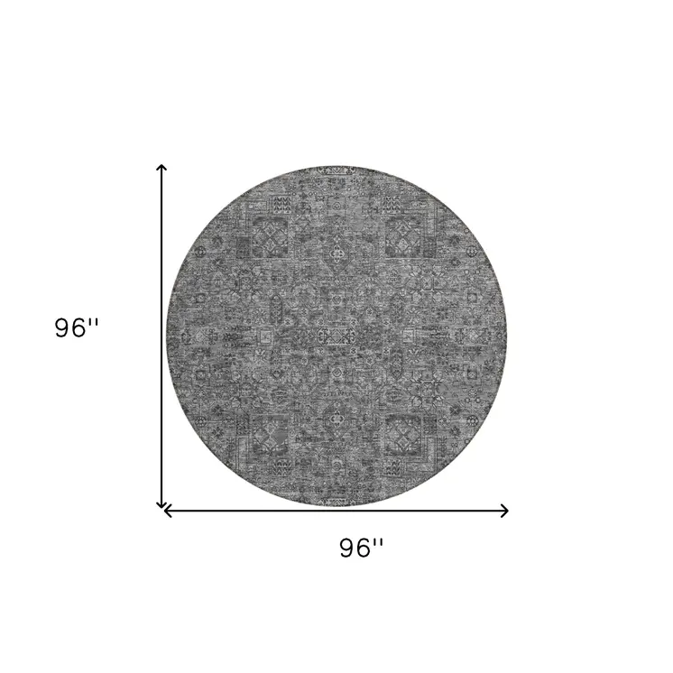 8' Charcoal And Silver Round Floral Washable Indoor Outdoor Area Rug