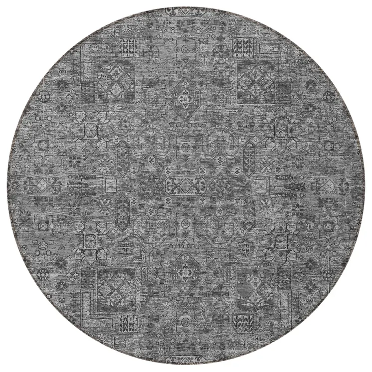 8' Charcoal And Silver Round Floral Washable Indoor Outdoor Area Rug