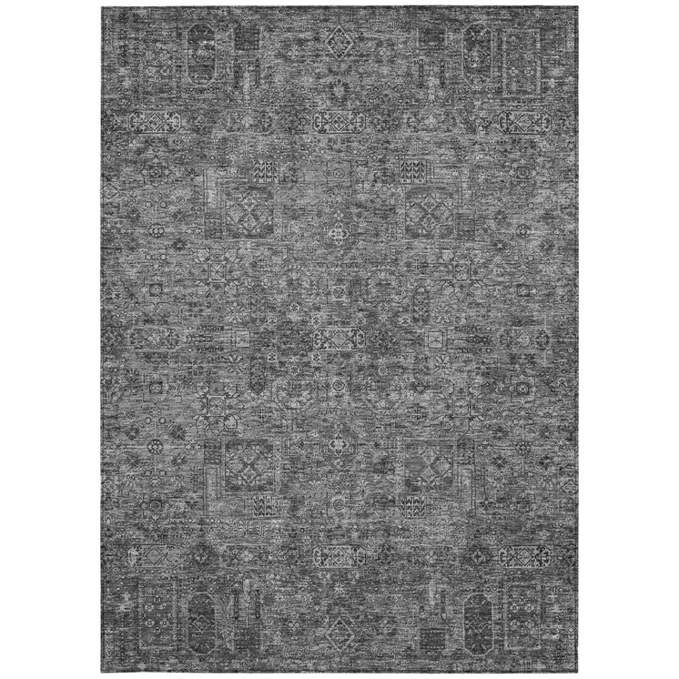 9' X 12' Charcoal And Silver Floral Washable Indoor Outdoor Area Rug