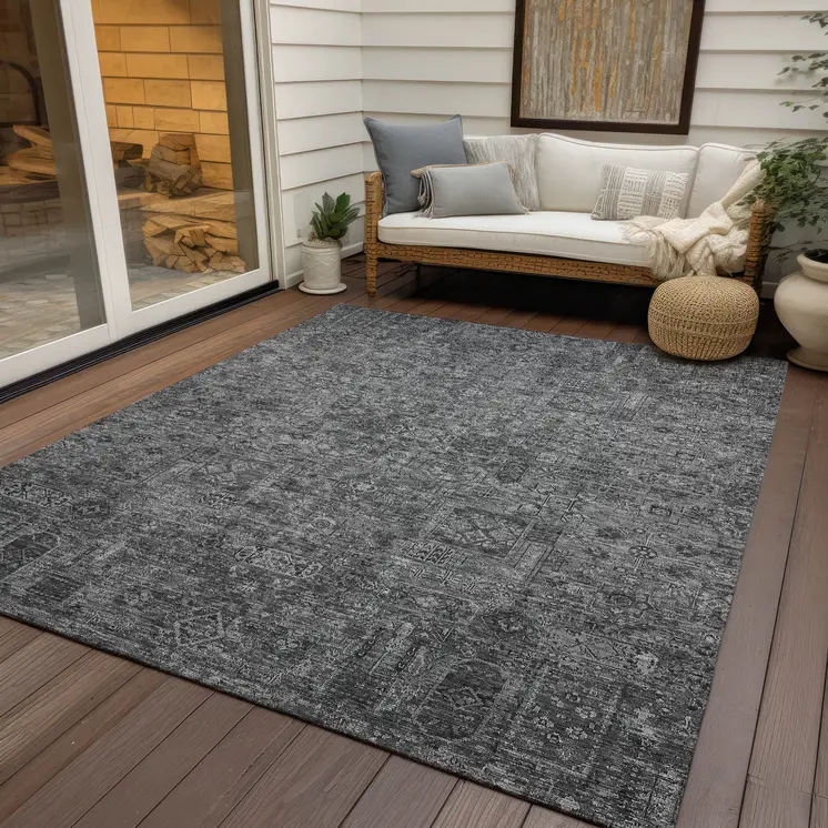9' X 12' Charcoal And Silver Floral Washable Indoor Outdoor Area Rug