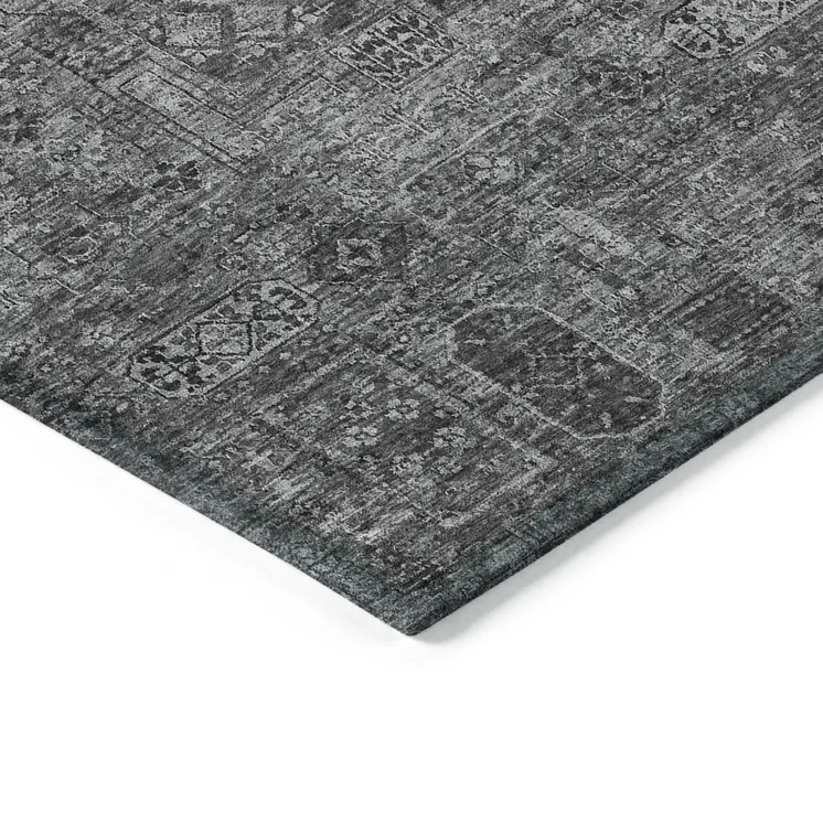 9' X 12' Charcoal And Silver Floral Washable Indoor Outdoor Area Rug