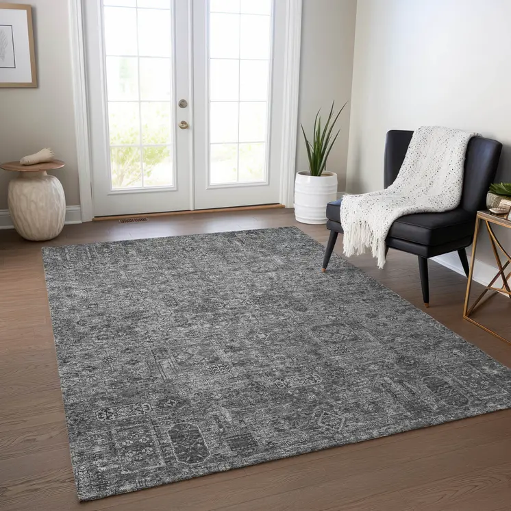 9' X 12' Charcoal And Silver Floral Washable Indoor Outdoor Area Rug
