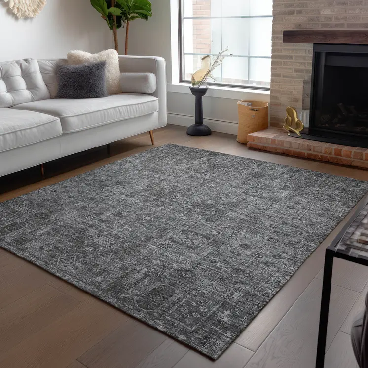 9' X 12' Charcoal And Silver Floral Washable Indoor Outdoor Area Rug