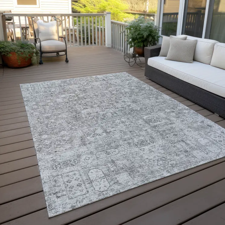 3' X 5' Gray Silver And Charcoal Floral Washable Indoor Outdoor Area Rug