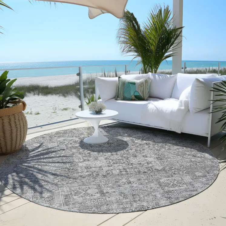 8' Gray Silver And Charcoal Round Floral Washable Indoor Outdoor Area Rug