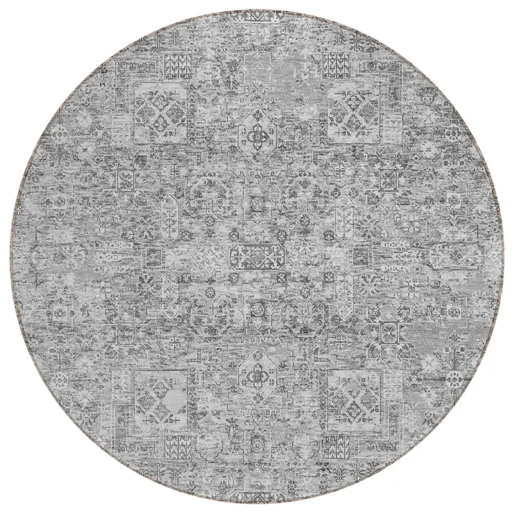 8' Gray Silver And Charcoal Round Floral Washable Indoor Outdoor Area Rug