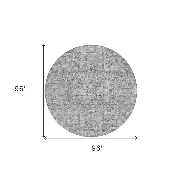 8' Gray Silver And Charcoal Round Floral Washable Indoor Outdoor Area Rug