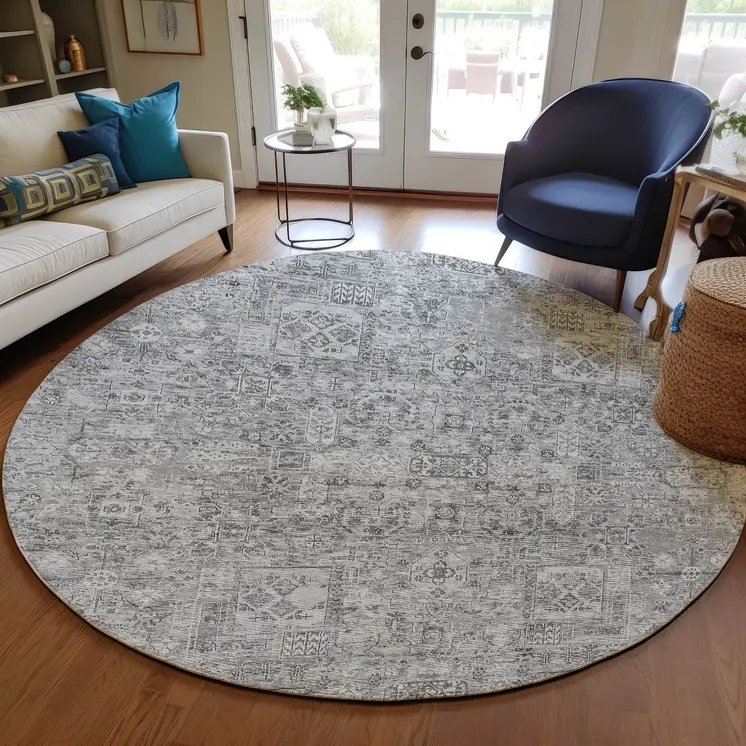 8' Gray Silver And Charcoal Round Floral Washable Indoor Outdoor Area Rug