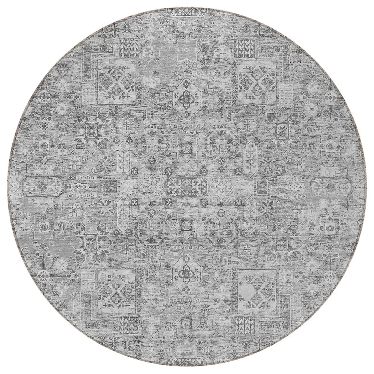 8' Gray Silver And Charcoal Round Floral Washable Indoor Outdoor Area Rug