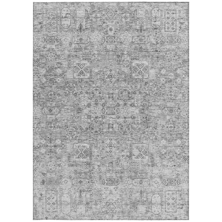 8' X 10' Gray Silver And Charcoal Floral Washable Indoor Outdoor Area Rug