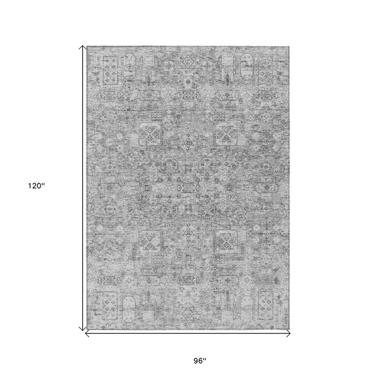 8' X 10' Gray Silver And Charcoal Floral Washable Indoor Outdoor Area Rug