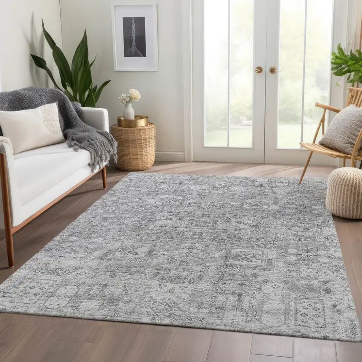 8' X 10' Gray Silver And Charcoal Floral Washable Indoor Outdoor Area Rug