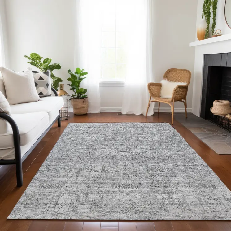 9' X 12' Gray Silver And Charcoal Floral Washable Indoor Outdoor Area Rug