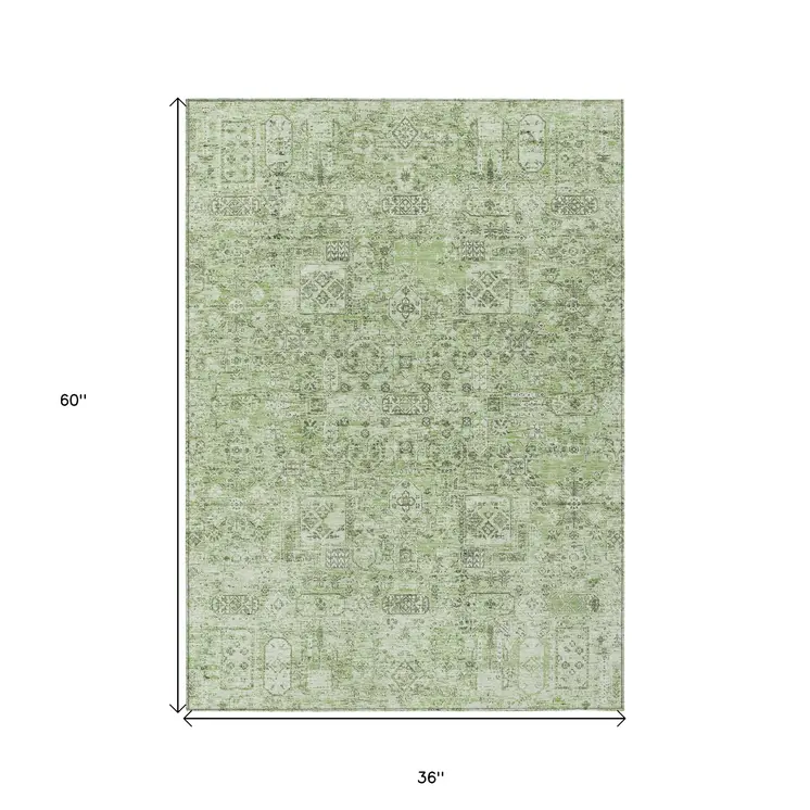 3' X 5' Artichoke Green And Olive Green Floral Washable Indoor Outdoor Area Rug