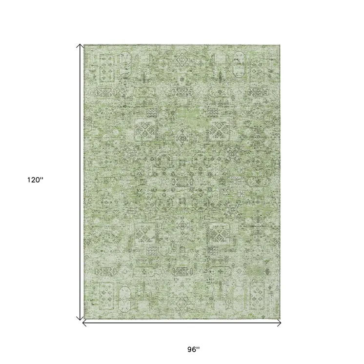 8' X 10' Artichoke Green And Olive Green Floral Washable Indoor Outdoor Area Rug