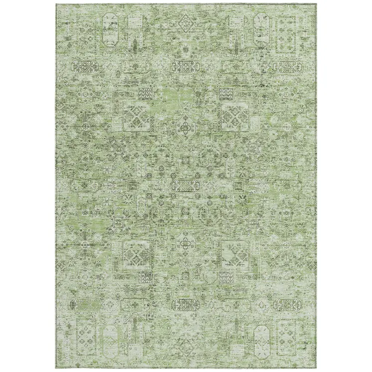 9' X 12' Artichoke Green And Olive Green Floral Washable Indoor Outdoor Area Rug