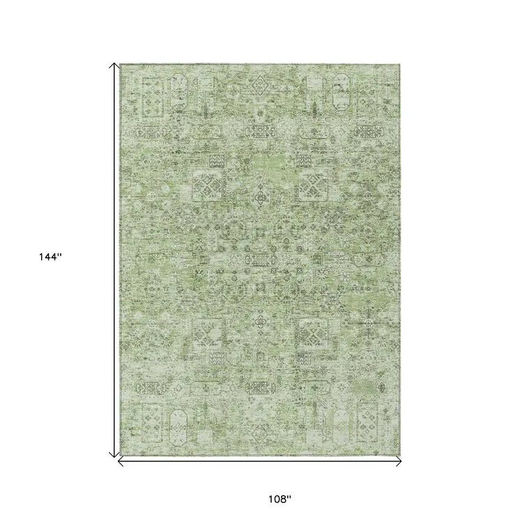 9' X 12' Artichoke Green And Olive Green Floral Washable Indoor Outdoor Area Rug