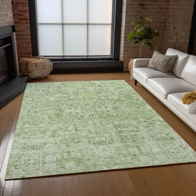 9' X 12' Artichoke Green And Olive Green Floral Washable Indoor Outdoor Area Rug