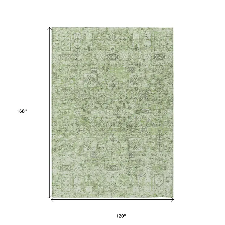 10' X 14' Artichoke Green And Olive Green Floral Washable Indoor Outdoor Area Rug