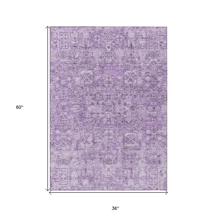3' X 5' Lilac And Purple Floral Washable Indoor Outdoor Area Rug