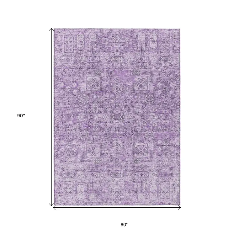 5' X 8' Lilac And Purple Floral Washable Indoor Outdoor Area Rug