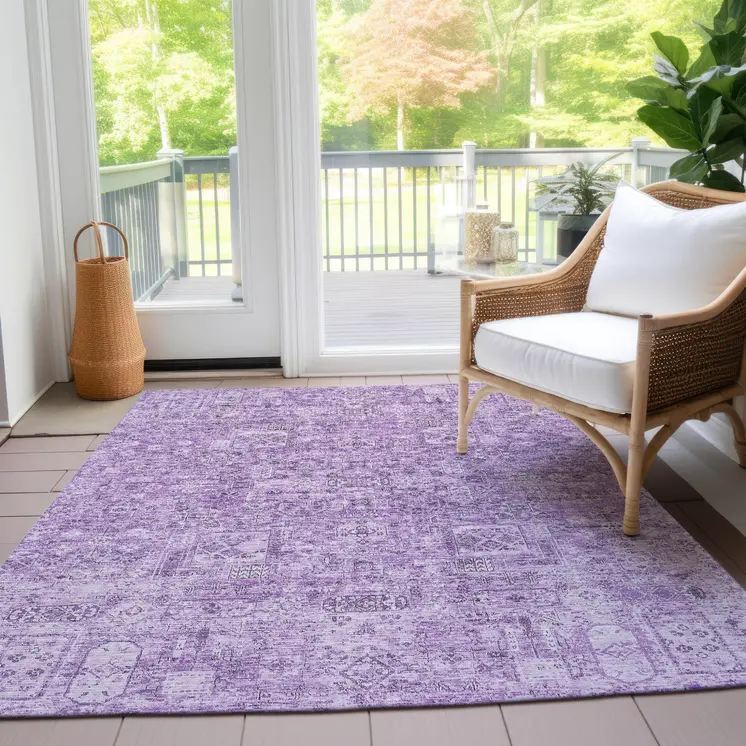 9' X 12' Lilac And Purple Floral Washable Indoor Outdoor Area Rug