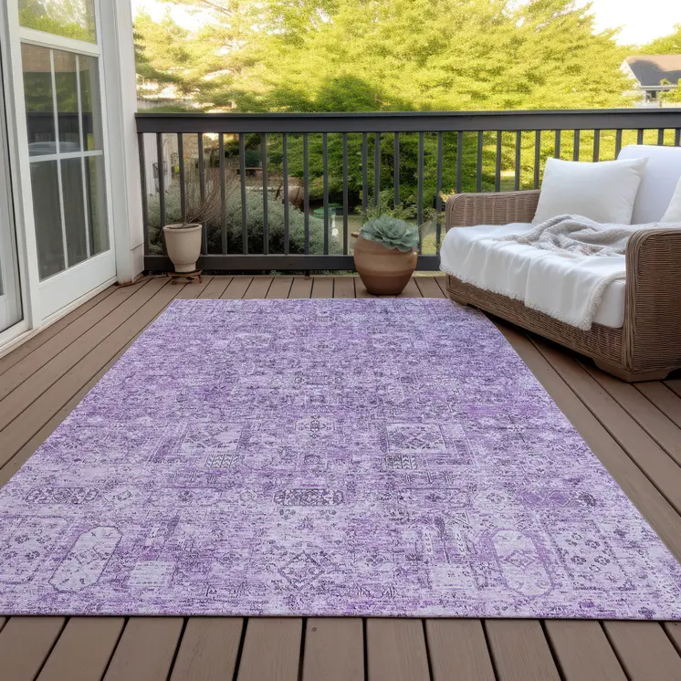 9' X 12' Lilac And Purple Floral Washable Indoor Outdoor Area Rug