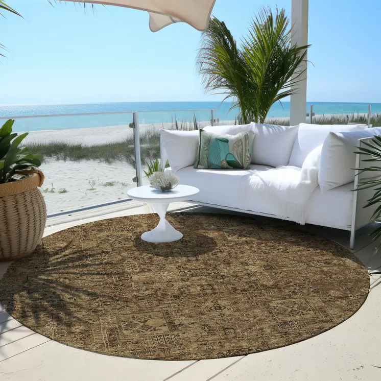 8' Brown And Taupe Round Floral Washable Indoor Outdoor Area Rug
