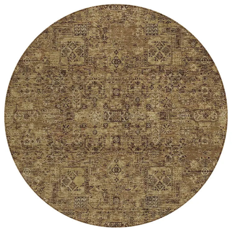 8' Brown And Taupe Round Floral Washable Indoor Outdoor Area Rug