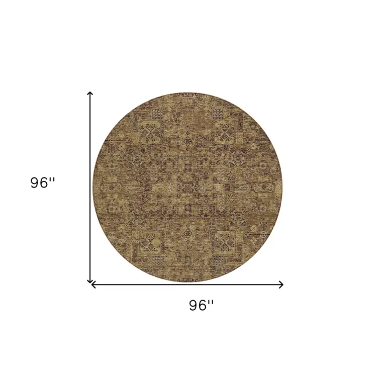 8' Brown And Taupe Round Floral Washable Indoor Outdoor Area Rug