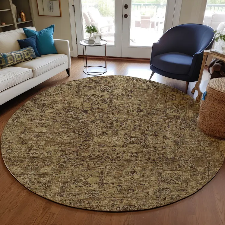 8' Brown And Taupe Round Floral Washable Indoor Outdoor Area Rug