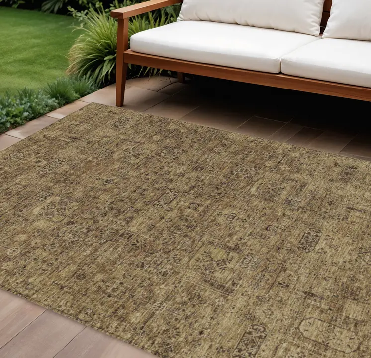 9' X 12' Brown And Taupe Floral Washable Indoor Outdoor Area Rug
