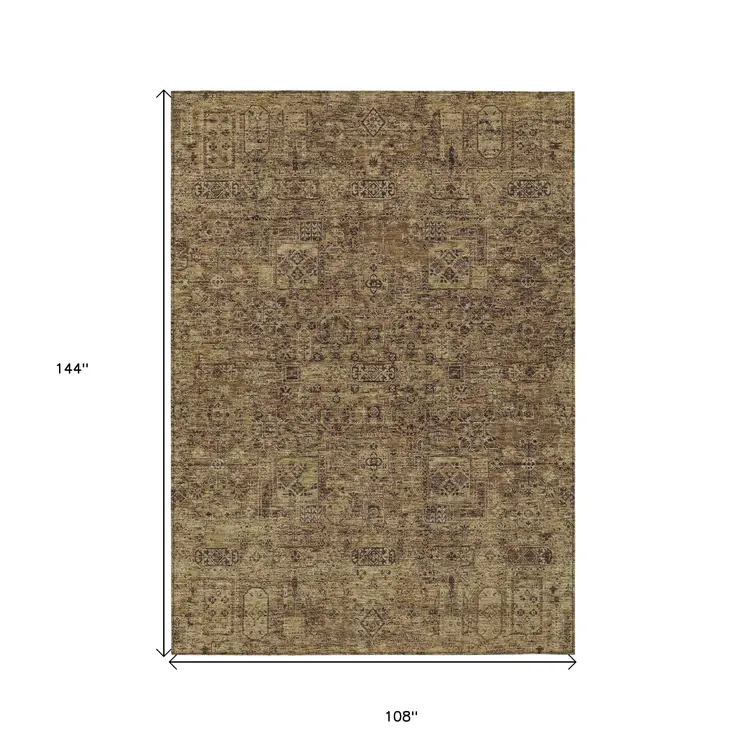 9' X 12' Brown And Taupe Floral Washable Indoor Outdoor Area Rug